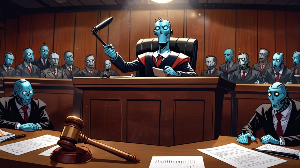 Robot judge sentencing a CV in courtroom