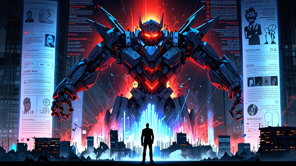 Giant robot laser-scanning a fancy CV while candidate watches