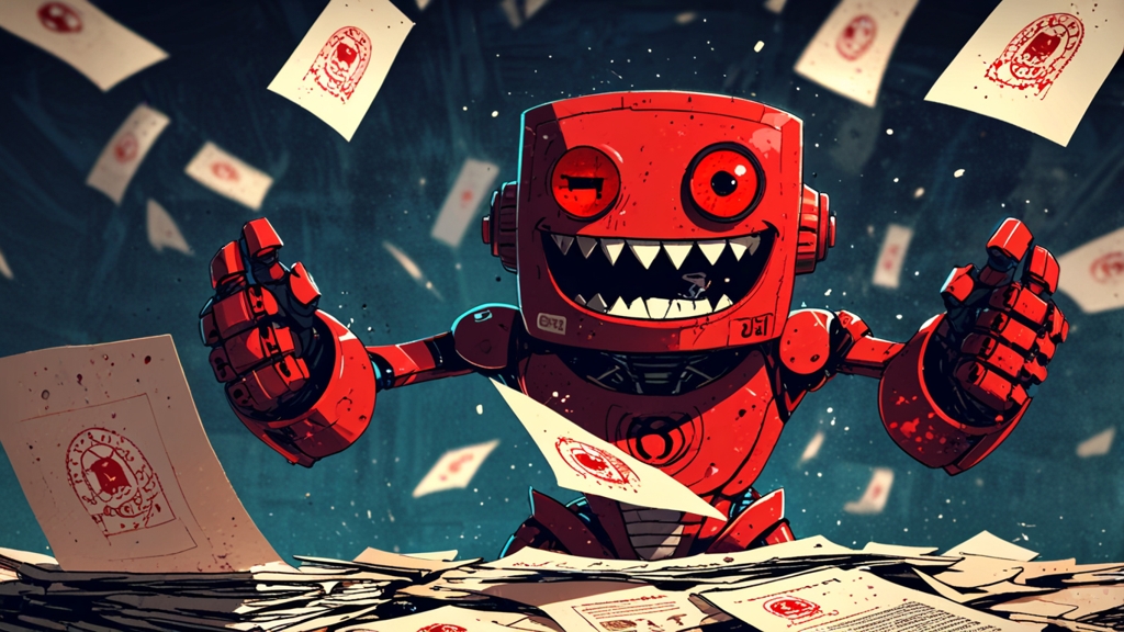 Robot gleefully stamping REJECTED on CVs