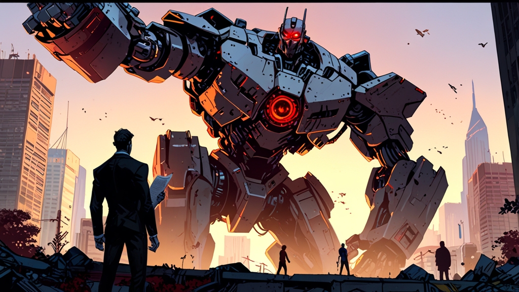 Tiny human with CV facing colossal robot